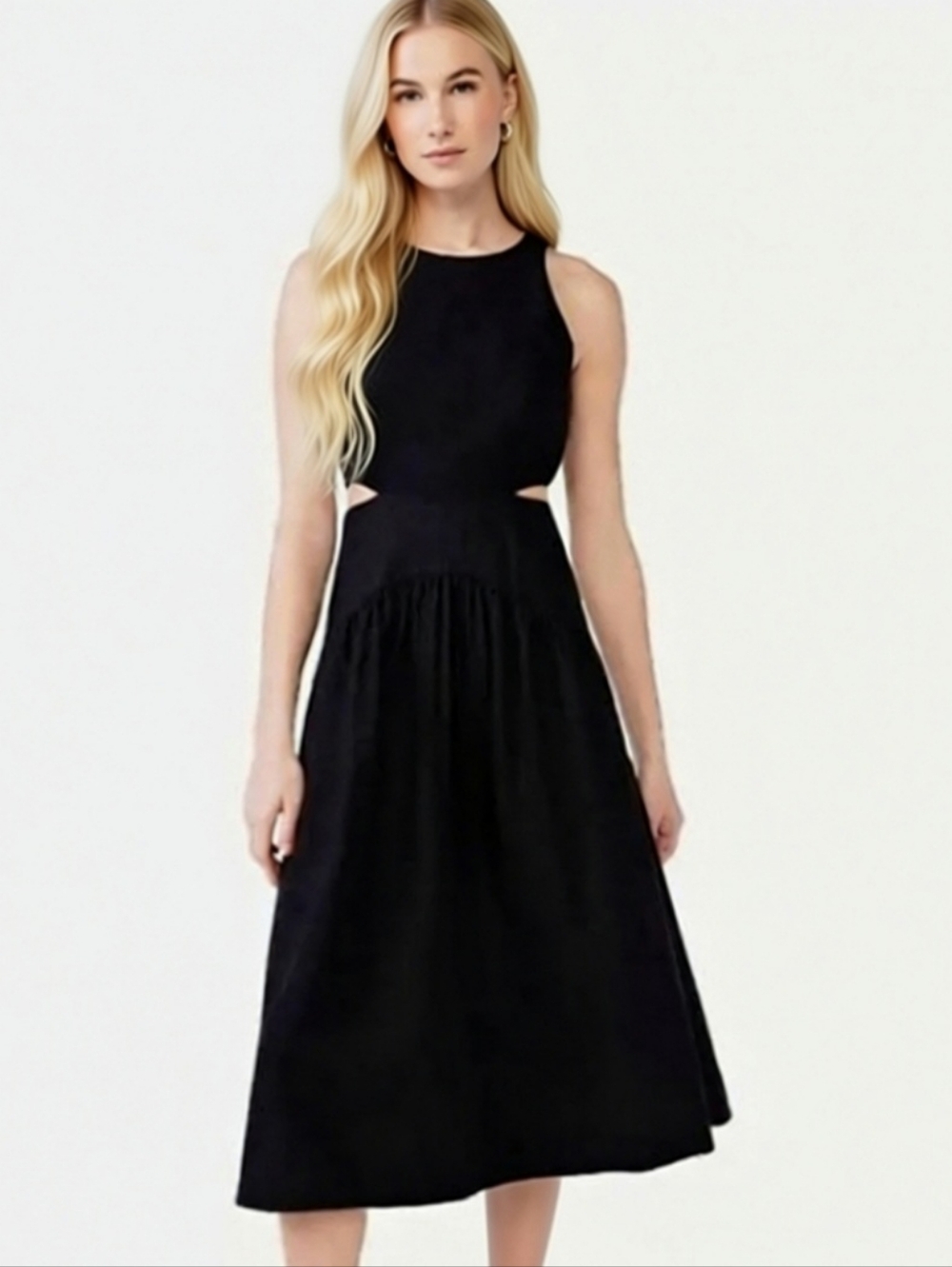 Scoop Sleeveless Cutout Black Linen Midi Dress Woman's XL (16-18)